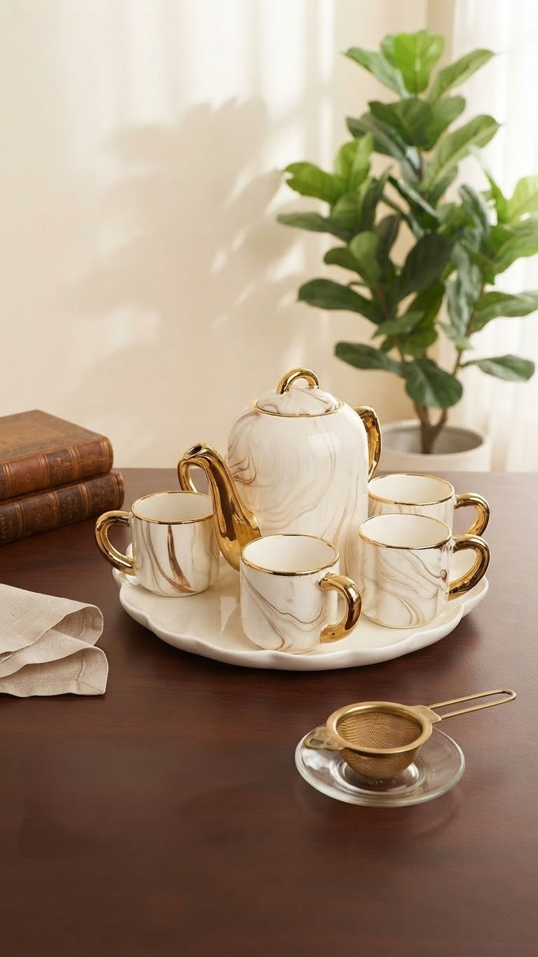 Brown Marble Tea Set with Teapot, 6 Cups and Flower Tray