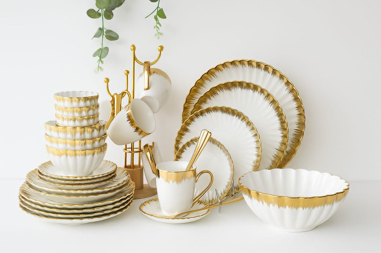 44-piece shell-themed dinner set with plates, bowls, cups, and serving accessories