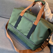 Large capacity waterproof Oxford travel duffle bag with a separate bottom shoe compartment, measuring 46 × 25 × 28 cm.