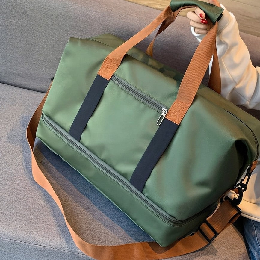 Large capacity waterproof Oxford travel duffle bag with a separate bottom shoe compartment, measuring 46 × 25 × 28 cm.