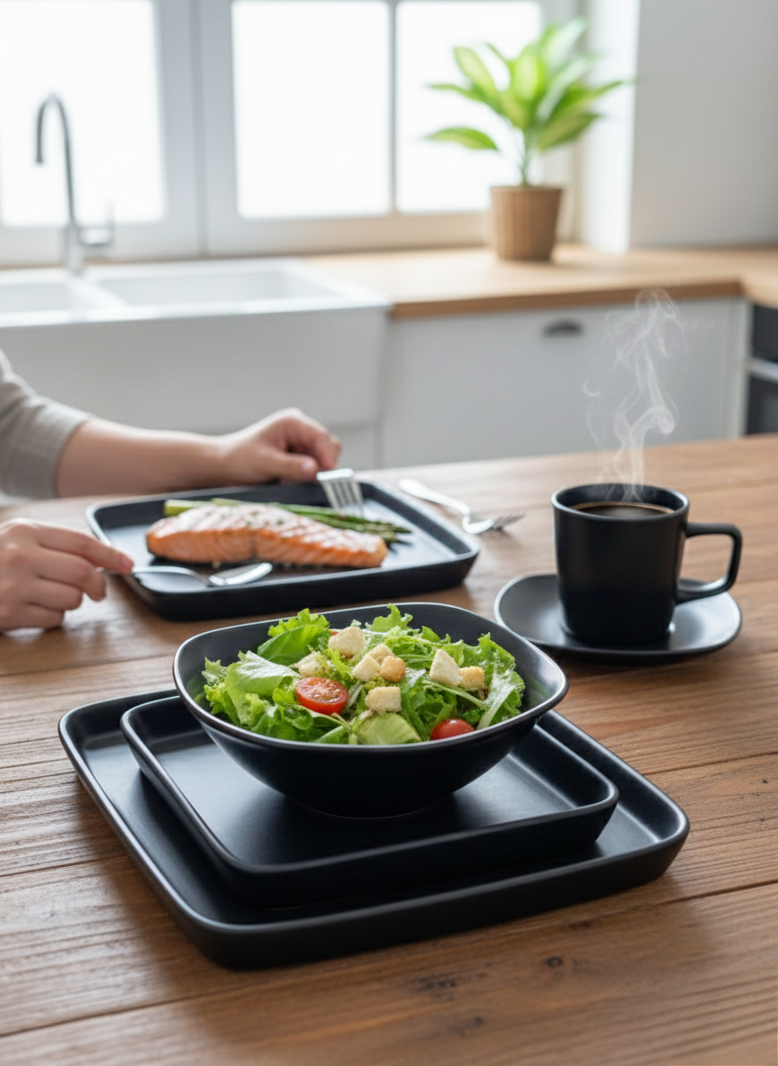 24-piece Dinner set with plates, side plates, bowls, and cups in assorted colours.
