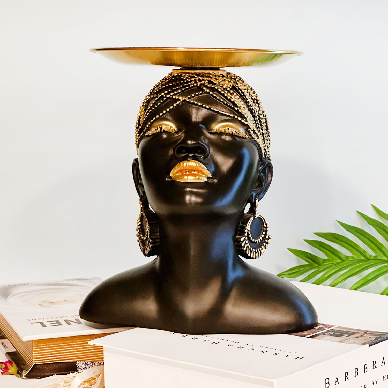 Ceramic African woman figurine with metal accents for home décor