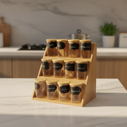 3 tier bamboo spice rack with 12 airtight 150ml glass spice jars and bamboo lids for kitchen organization