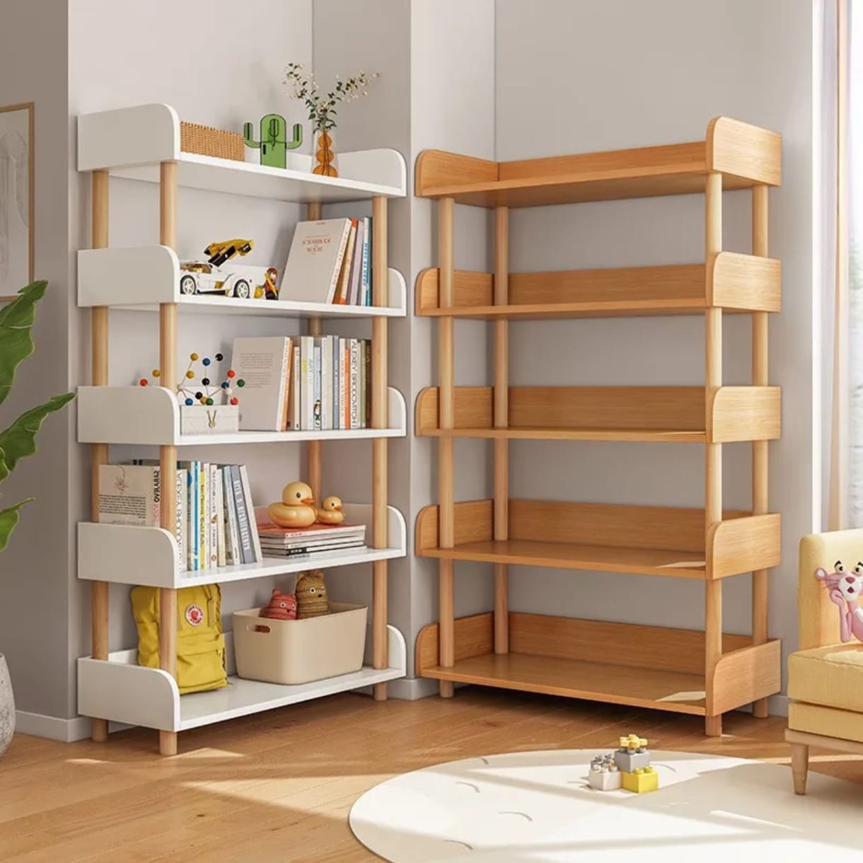 5 layer multipurpose wooden shelf measuring 80 × 24 × 137 cm for books, décor, and household storage, available in 2 colours.