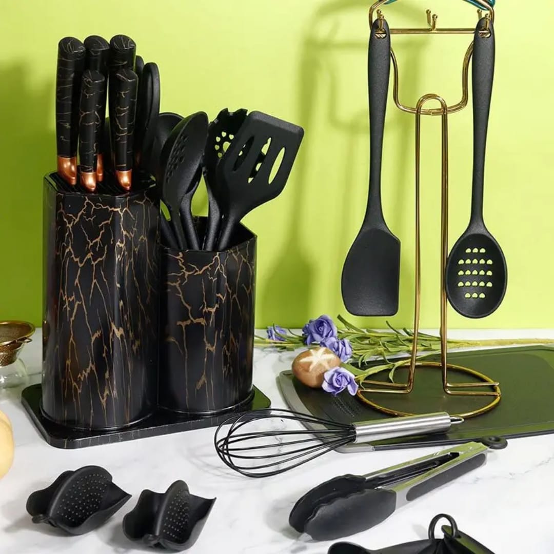 25 piece black marble silicone kitchen spoon set for cooking and serving