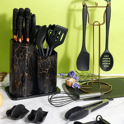 25 piece black marble silicone kitchen spoon set for cooking and serving