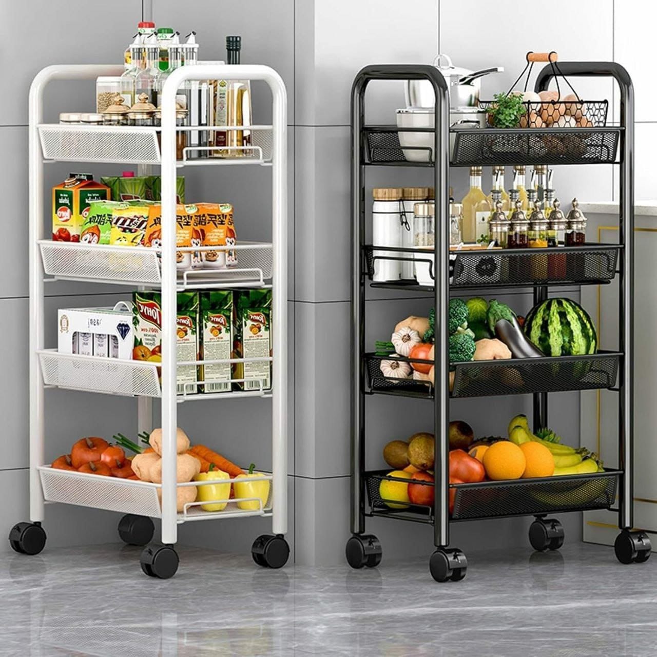 Four-layer multifunctional metal mesh storage trolley with wheels and ventilated baskets