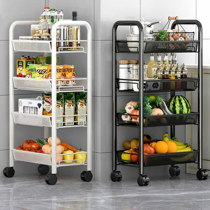 Four-layer multifunctional metal mesh storage trolley with wheels and ventilated baskets