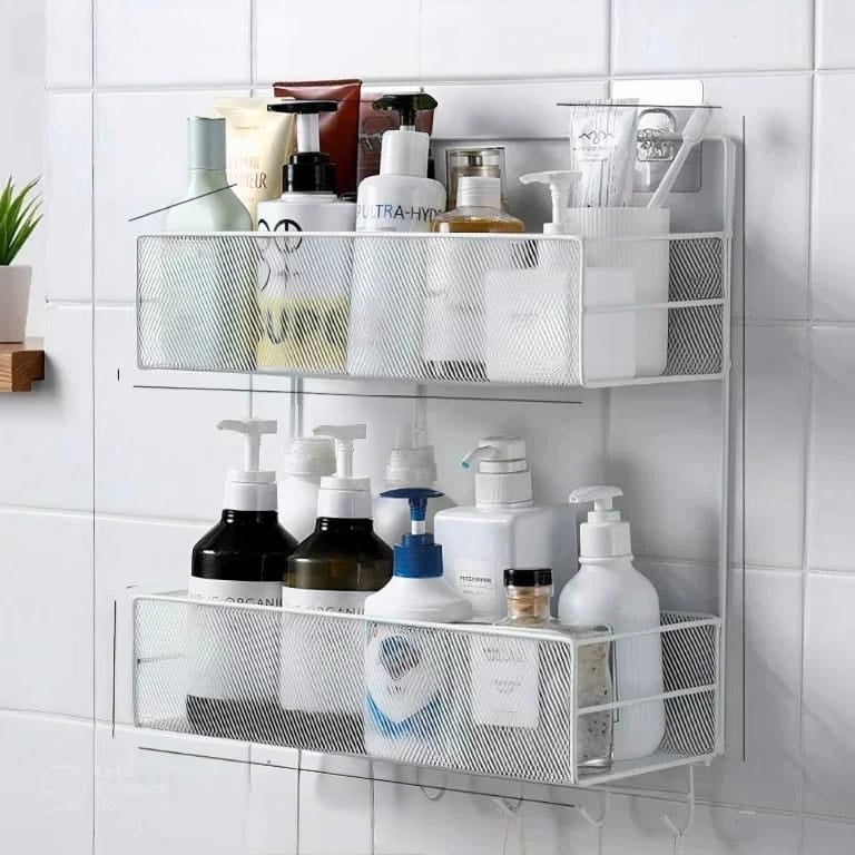 Two-layer wall-mounted bathroom shelf with hooks in black and white