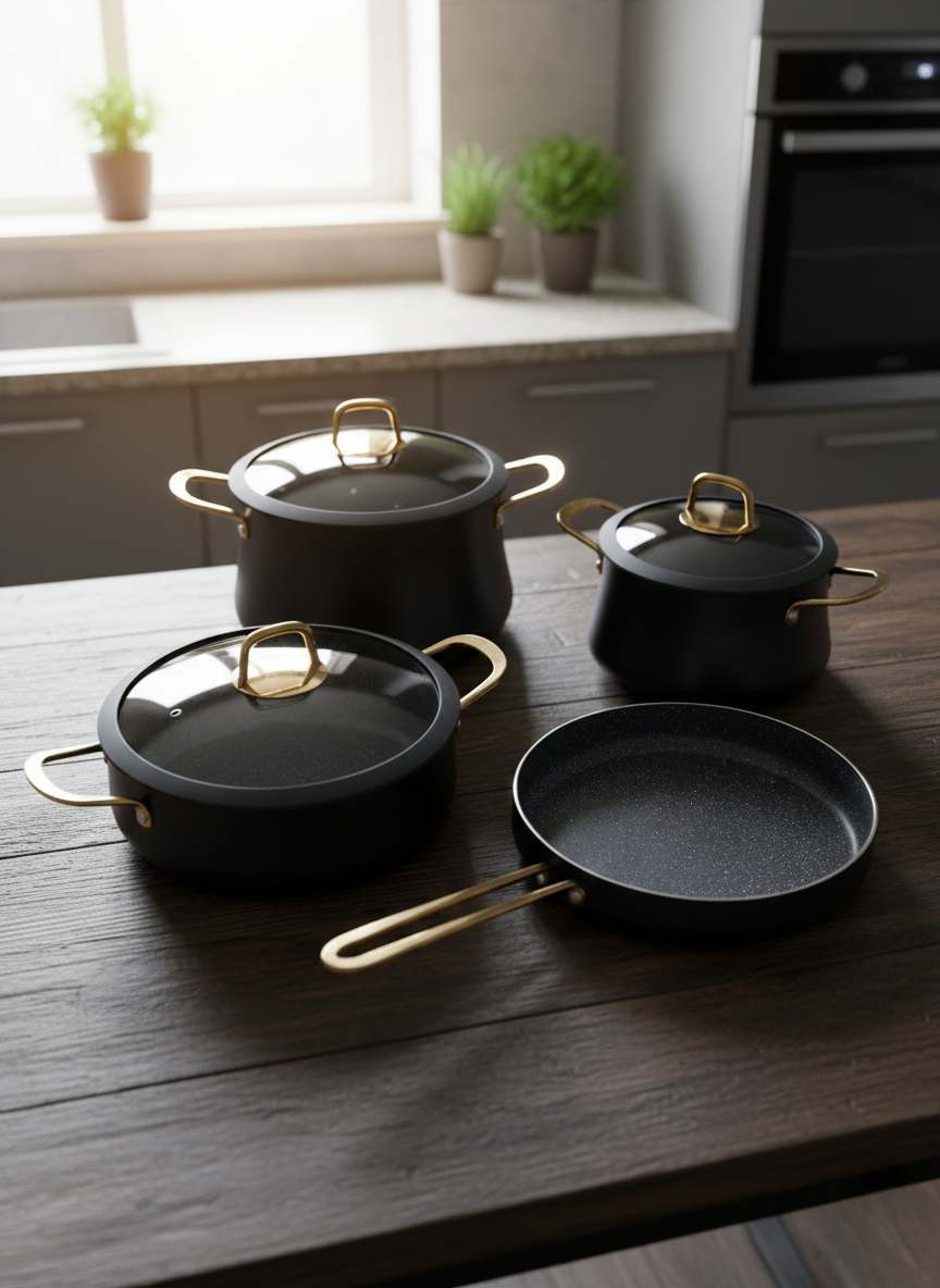 7-piece Non-stick aluminium cookware set with granite coating and silicone lids, including casseroles and frying pan.