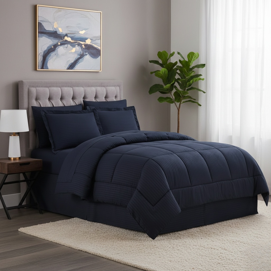Extra king size cotton striped duvet set with duvet, bedsheet, and two pillowcases.
