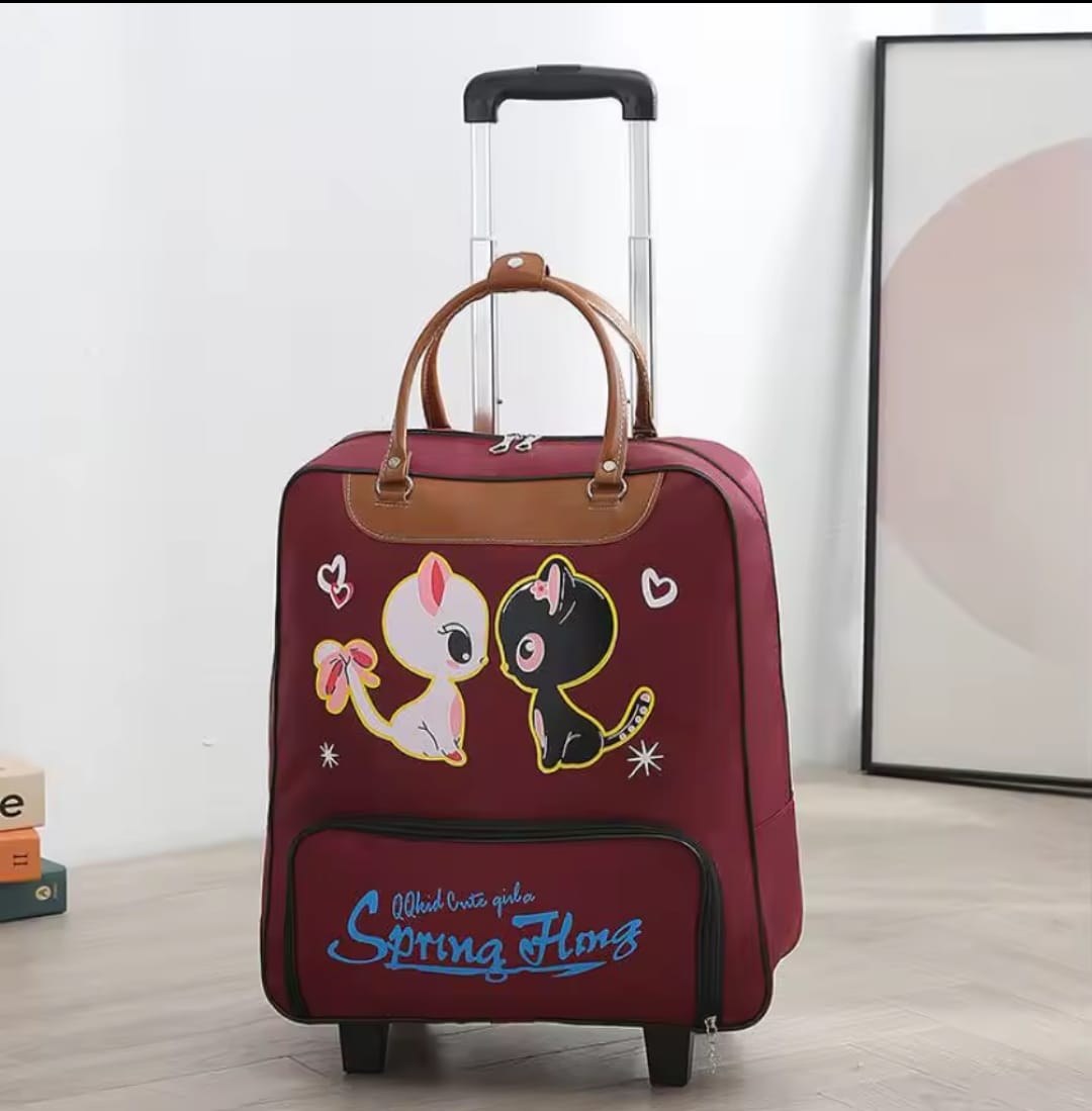 Maroon waterproof wheeled travel bag with high capacity storage, size 45×20×40 cm.