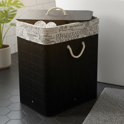 Round bamboo laundry basket with natural brown finish, eco-friendly design, size