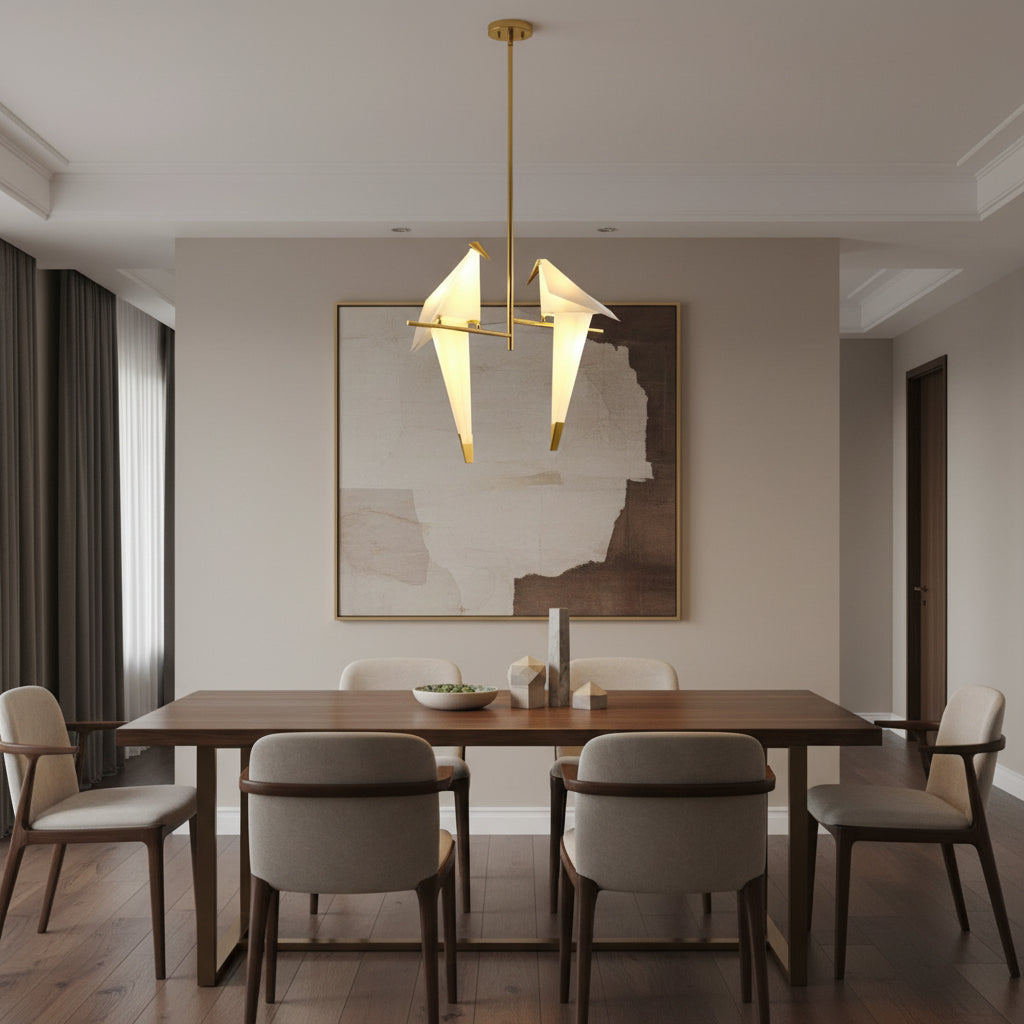 Dawood Lifestyle & Gadgets kes gold origami bird pendant chandelier with two LED bird lights and polished gold frame ceiling fixture