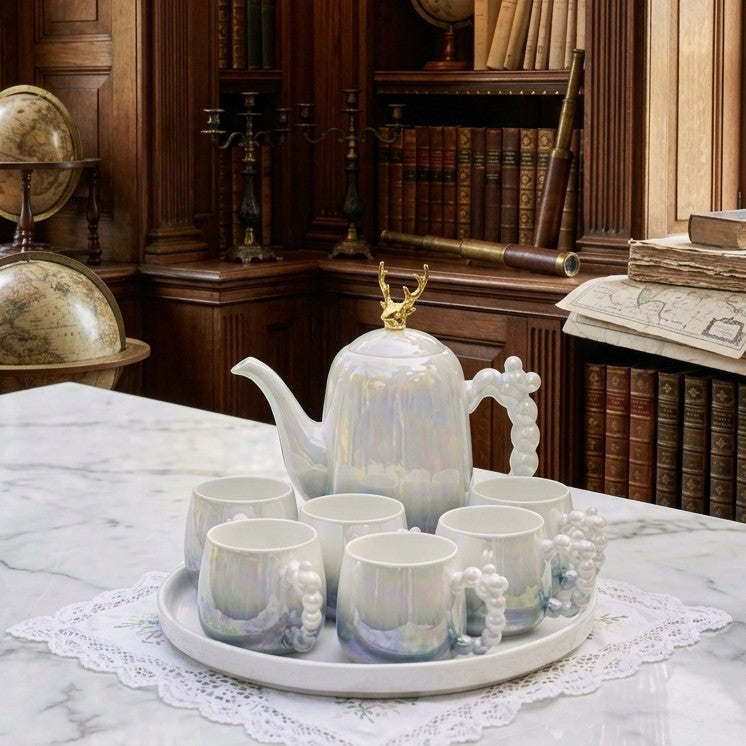 9Pc Gold Deer Lid Accent Tea Set