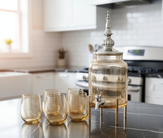 Glass gold decanter with tap and 6 matching glasses 1.5L