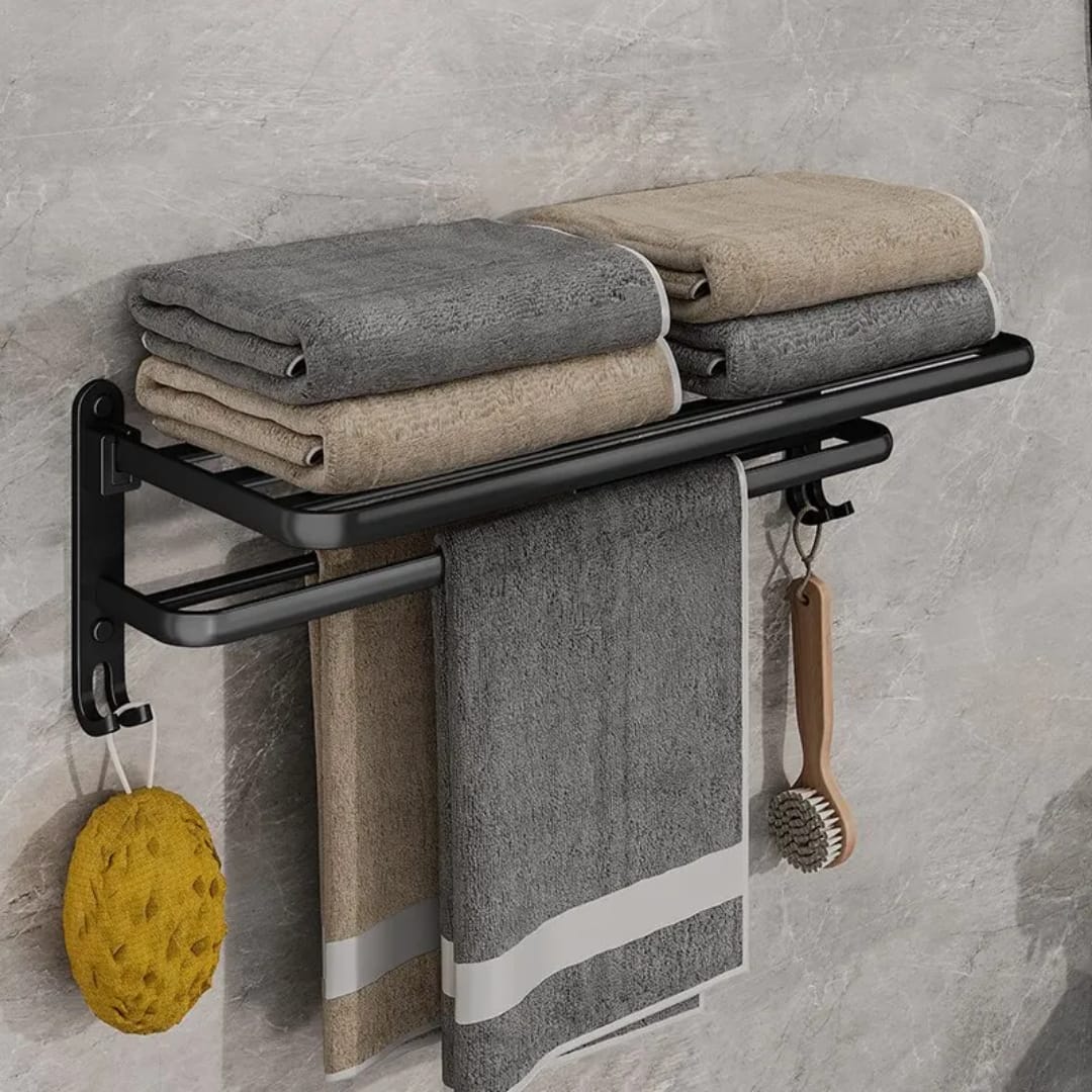 Double Layer Matte Black Aluminum Bathroom Towel Rack with Hooks