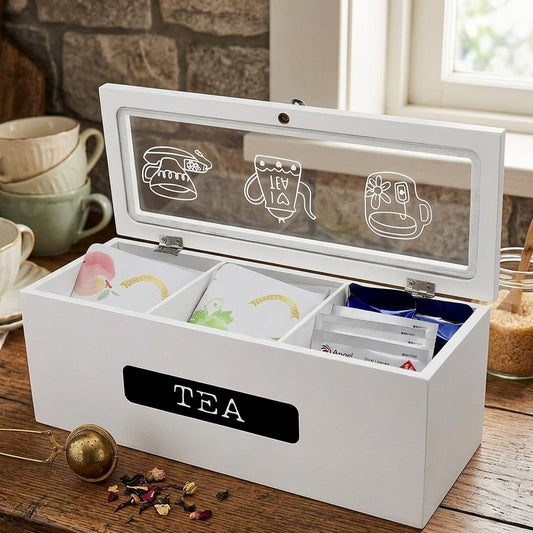 Handcrafted solid pine wood tea bag organizer with three compartments and adjustable dividers