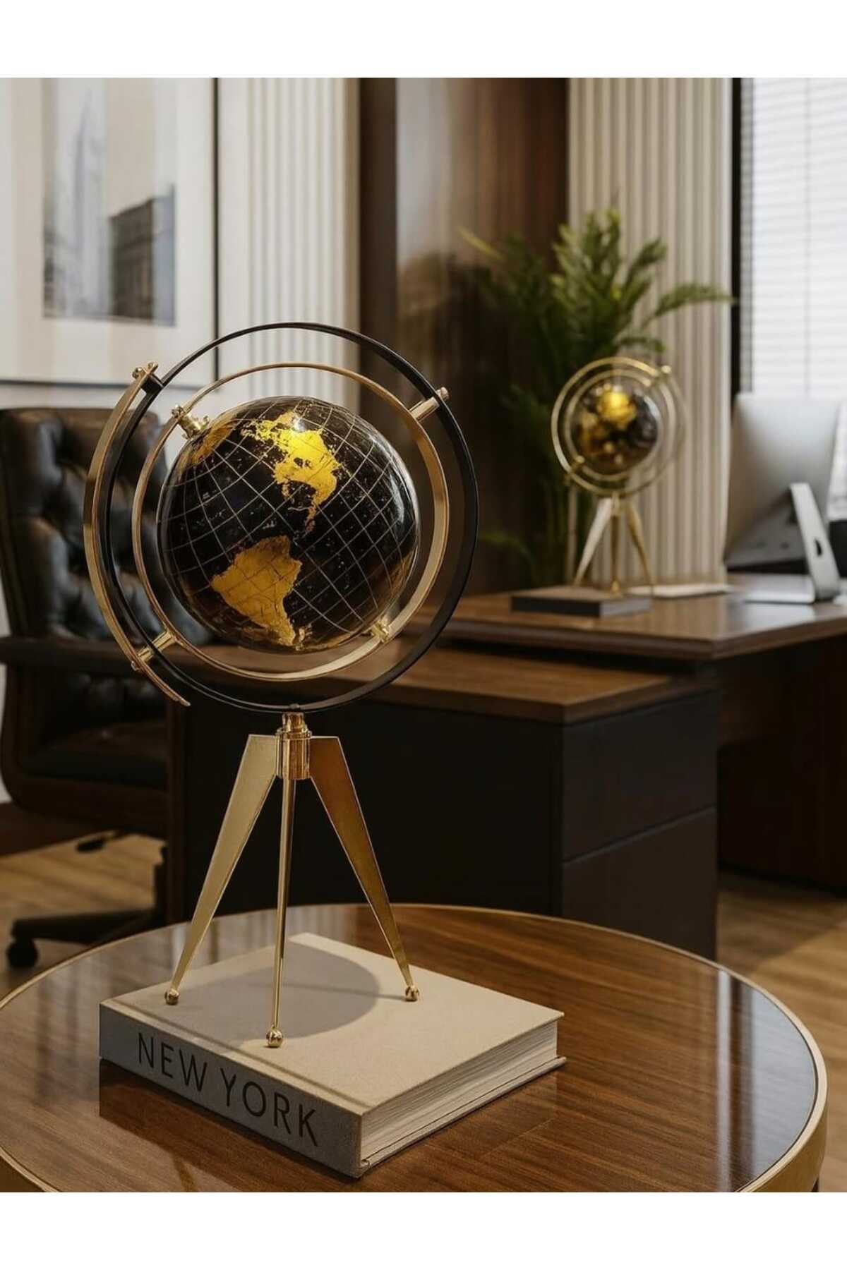 Tripod globe decor with vintage world map design, elegant table ornament for home and office.