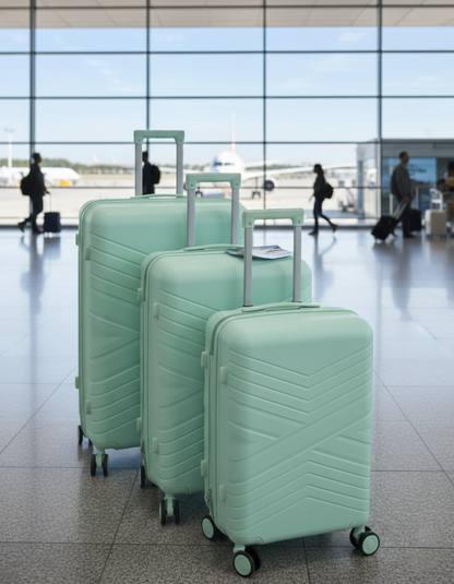 3-piece PP Unbreakable suitcase set with 360° wheels and combination lock in assorted colors.