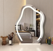 Cloud shaped LED tabletop vanity mirror with touch control, integrated lighting and white base