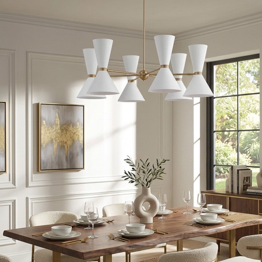 6 Arm Mid Century Hourglass Chandelier Brass and White