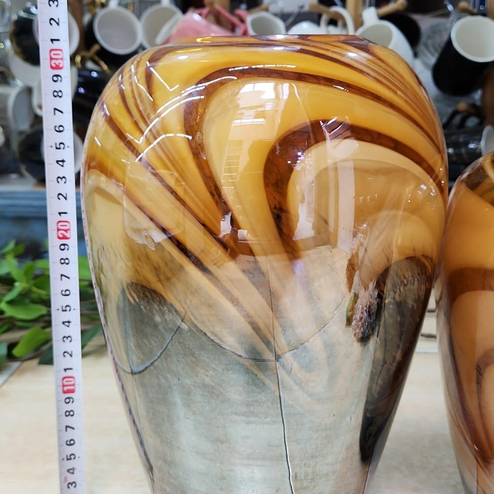 Handblown Amber Swirl Glass vase with caramel, brown, and smoke grey patterns