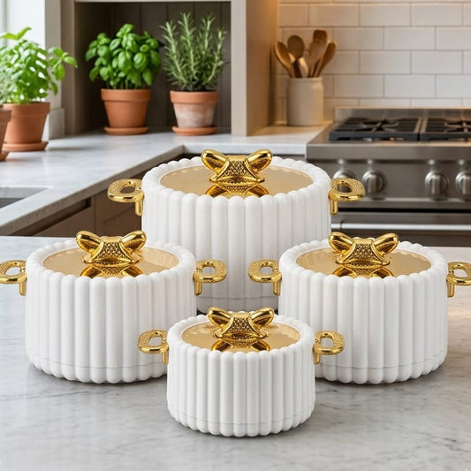 Nordic gold stainless steel hosting set in white and gold, 4 piece serving pots for food presentation.