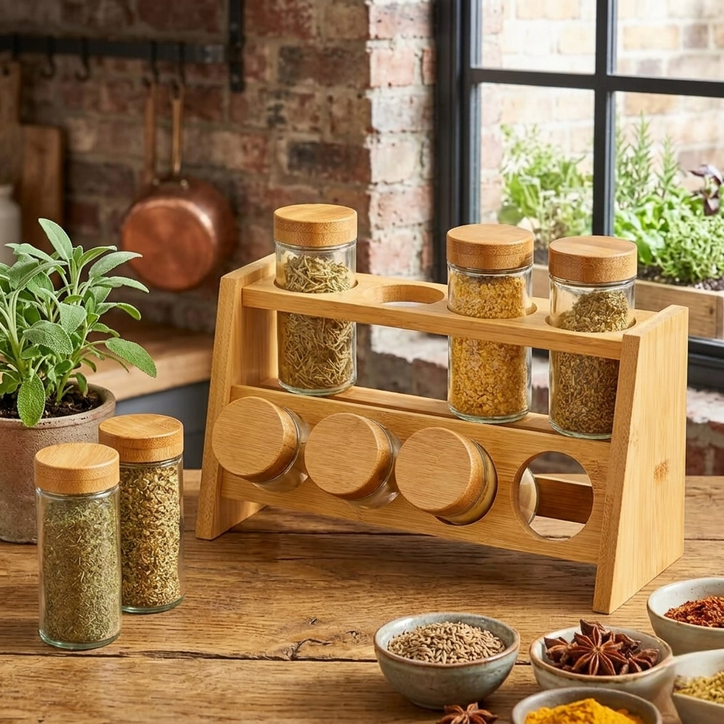 8 Piece Spice Jar Set With Wooden Rack