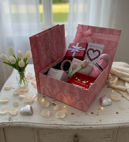 Valentines ladies gift set with flower mug, floral spoon, umbrella, jewellery box, honey tea bags, gift card and bag