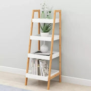 Wooden storage display shelf used as bookshelf and plant stand for home or office