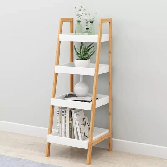 Wooden storage display shelf used as bookshelf and plant stand for home or office