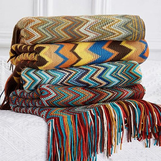 Bohemian jacquard knitted throw blanket with tassels for sofa and bed decoration