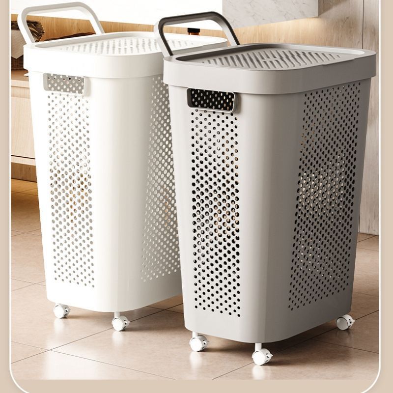 Rolling laundry hamper with lid in white and grey, breathable and mobile