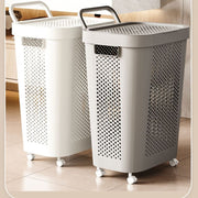 Rolling laundry hamper with lid in white and grey, breathable and mobile