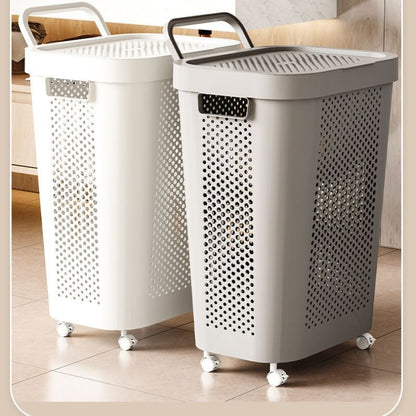 Rolling laundry hamper with lid in white and grey, breathable and mobile