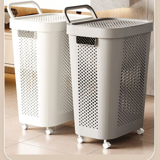 Rolling laundry hamper with lid in white and grey, breathable and mobile