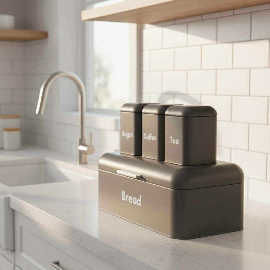 Nordic style bread bin and three canister storage set