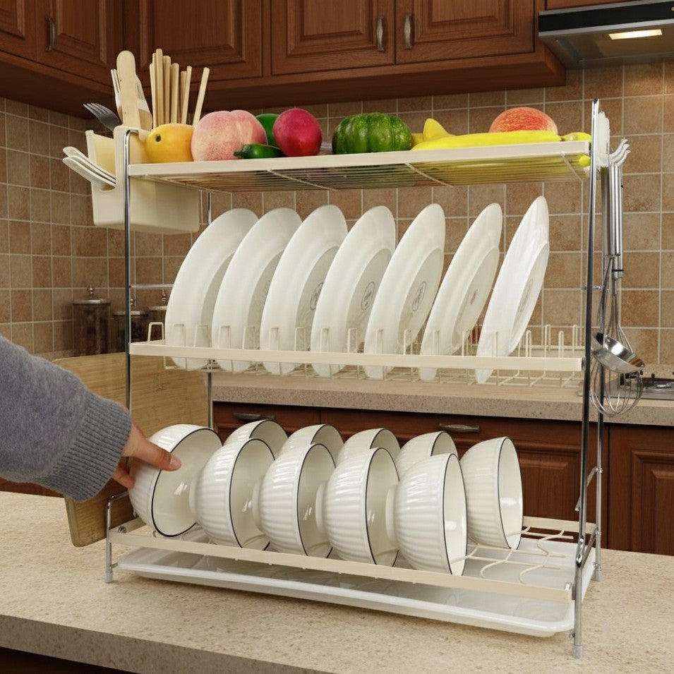 3-Tier metal dish rack with side hooks and drip trays