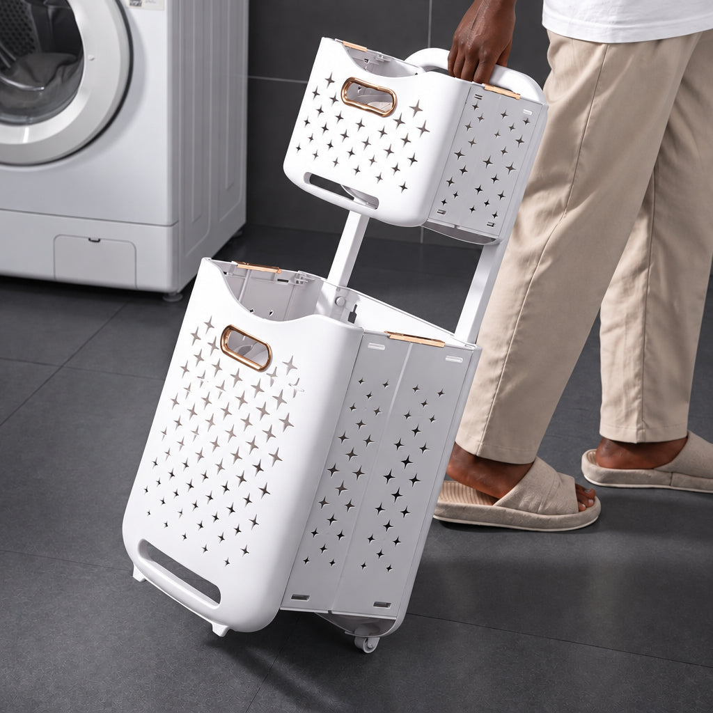 2 Tier Laundry Hamper with Wheels 75 × 34.5 × 26cm