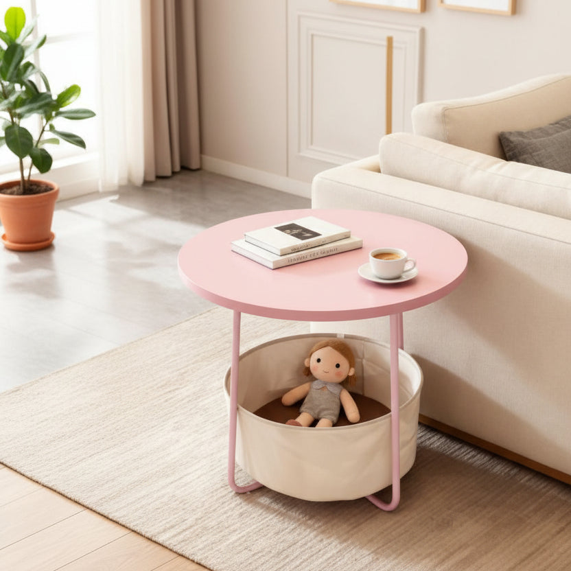 Round Side Table With Fabric Basket