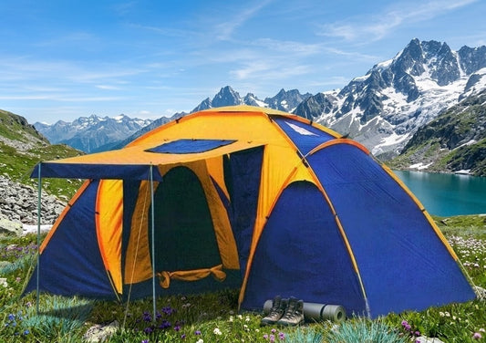 3-in-1 large double-layer family camping tent with two bedrooms, living room, mosquito-repellent mesh, and waterproof UV protection, suitable for 5–8 people.