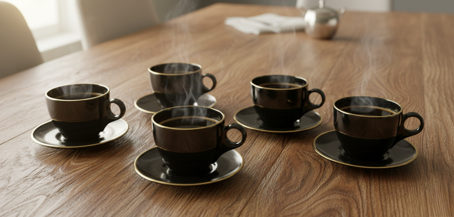 Home 180cc cup and saucer set with gold rim, 6 pieces.