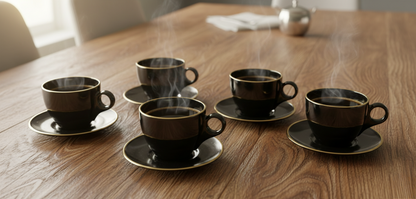 Home 180cc cup and saucer set with gold rim, 6 pieces.
