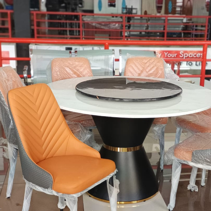 Round Marble Dining Table With Lazy Susan And 6 Upholstered Chairs