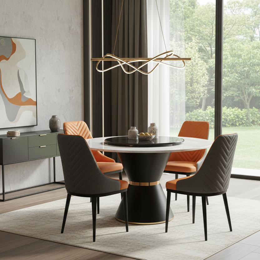 Round Marble Dining Table With Lazy Susan And 6 Upholstered Chairs