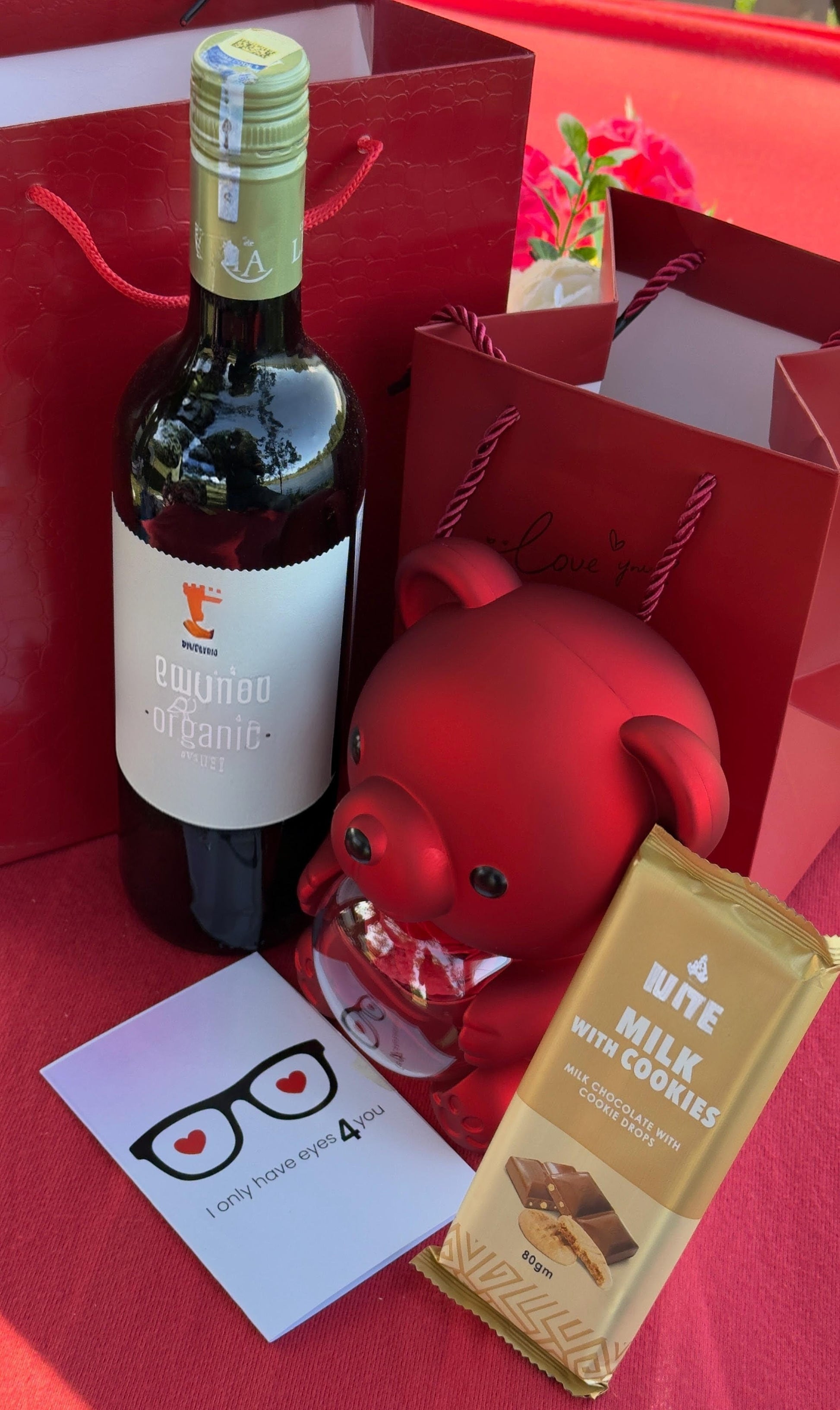 Valentines ladies gift set with chocolate bar, necklace/ring holder doll, wine bottle, personalized engraving, card, and gift bag