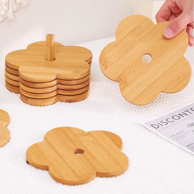 5pcs Bamboo Coasters With Stand