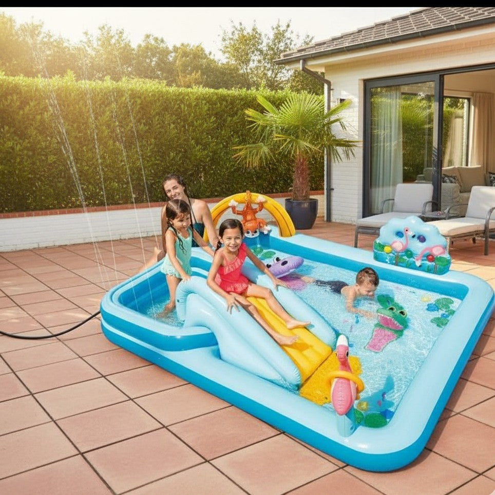 Inflatable splash park play pool with slide and water sprayer