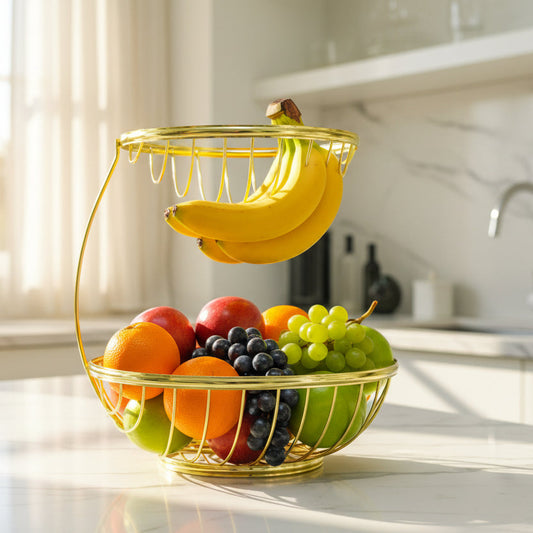 Double gold fruit holder for elegant fruit display and luxury dining table organization